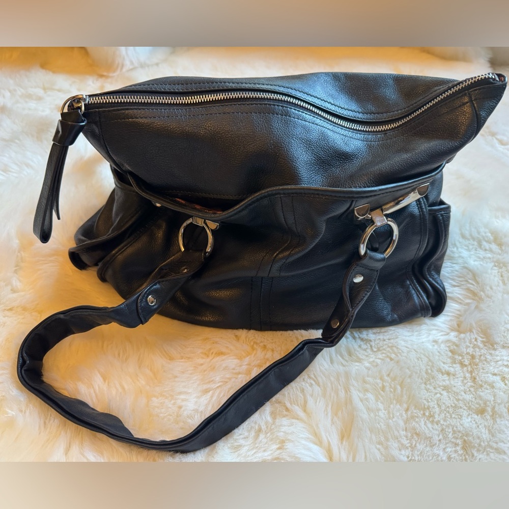B. Makowsky Soft Leather Hobo Bag | Black Tote | Leopard Lining